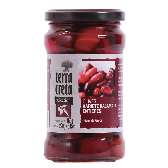 Olives variété Kalamata entières Sélection TERRA CRETA, pot en verre de 160g