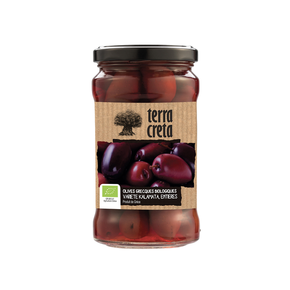 Olives variétés kalamata entières sélection bio TERRA CRETA 160g