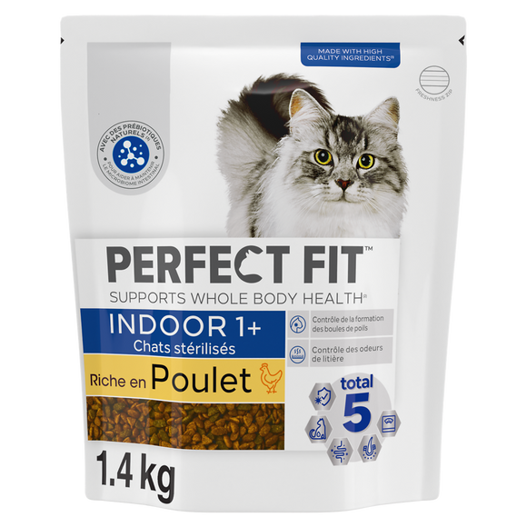 Croquettes chat stérilisé d'intérieur riche en Poulet PERFECT FIT - 1,4kg