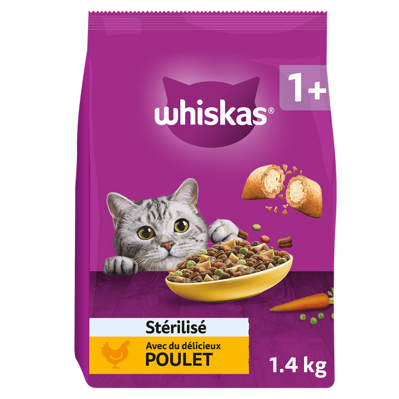 Croquettes au Poulet pour chat adulte stérilisé WHISKAS 1,4kg