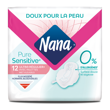 Serviettes hygiéniques pure sensitive normal+ avec ailettes 0% allergène NANA, x12