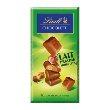Chocolat au lait fourré praliné aux noisettes Chocoletti LINDT, Tablette de 100g