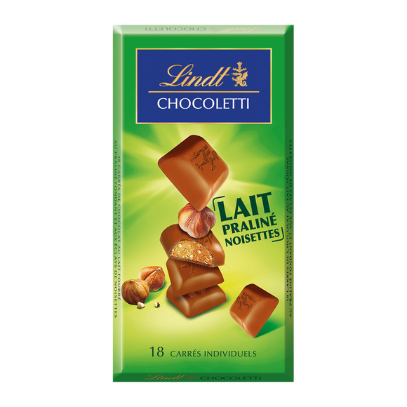 Chocolat au lait fourré praliné aux noisettes Chocoletti LINDT, Tablette de 100g
