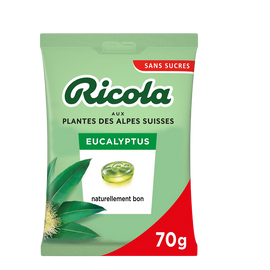 Bonbons Suisses à l'eucalyptus et aux plantes sans sucres RICOLA, sachet de 70g