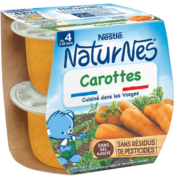 Petits pots bébé carottes NATURNES, dès 4-6 mois, 2x130g
