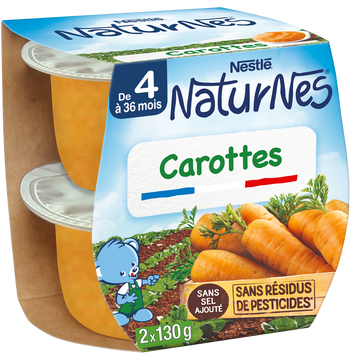 NESTLE NATURNES - Plat bébé du midi Carottes, dès 4 mois - 2x130g - Petits pots bébé