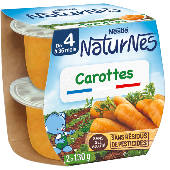 NESTLE NATURNES - Plat bébé du midi Carottes, dès 4 mois - 2x130g - Petits pots bébé