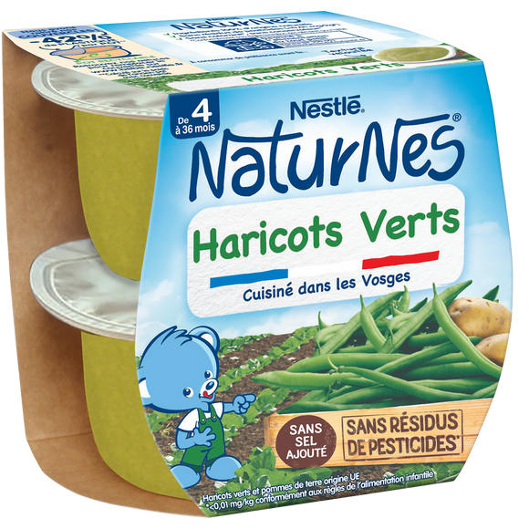 Petits pots bébé haricots verts NATURNES, dès 4/6 mois, 2 bols de 130g