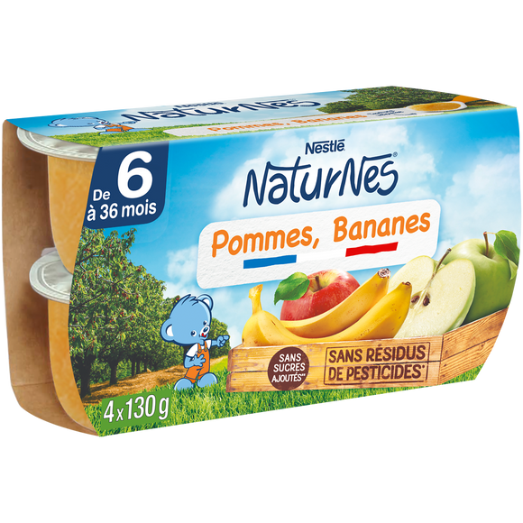 NESTLE NATURNES - Dessert bébé Pommes, Bananes, dès 4 mois - 4x130g