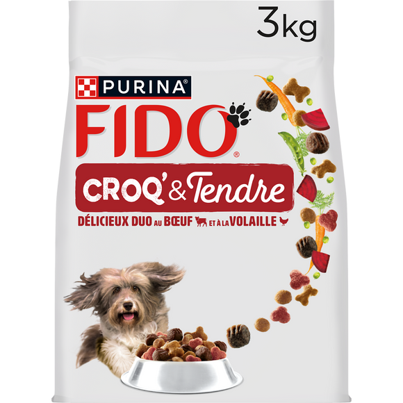 Croquettes pour chien adulte CROQ & TENDRE Boeuf, Volaille FIDO - 3kg