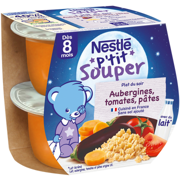Petits pots infantiles aubergines tomates et pâtes P'tit Pot dès 8 mois NESTLE, 2x200g