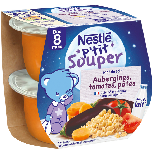 Petits pots infantiles aubergines tomates et pâtes P'tit Pot dès 8 mois NESTLE, 2x200g