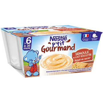 Desserts lactés P'TIT GOURMAND Semoule au lait biscuitée 6M+ NESTLE -4x100g