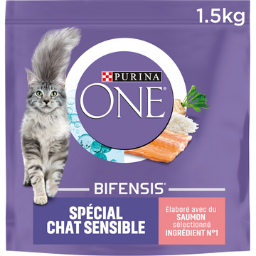 Croquettes pour chat adulte SENSIBLE Saumon, Riz PURINA ONE - 1,5kg