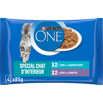 Sachets fraîcheur pour chat adulte d'intérieur effilés de thon et de veau PURINA ONE, 4x85g