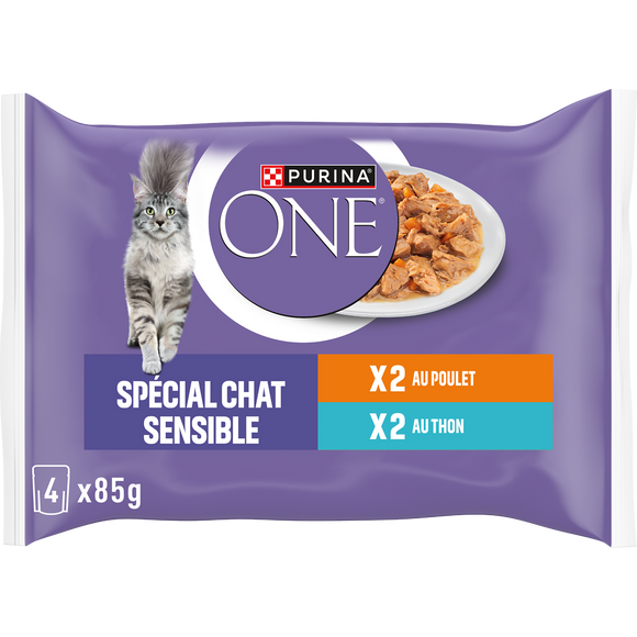 Sachets fraîcheur pour chat sensible adulte au poulet et thon PURINA ONE, 4x85g