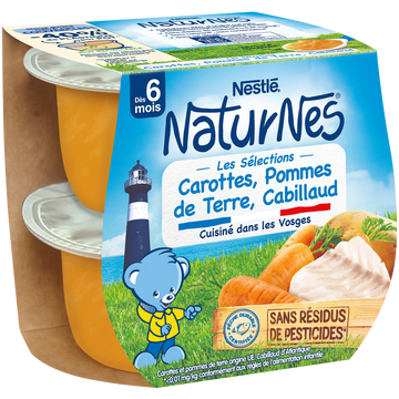 Plats complets Carottes, pommes de terre cabillaud 6M+ NATURNES - 2x200g
