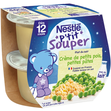 Repas du soir P'TIT SOUPER Petits pois et pâtes 12M+ NESTLE - 2x200g