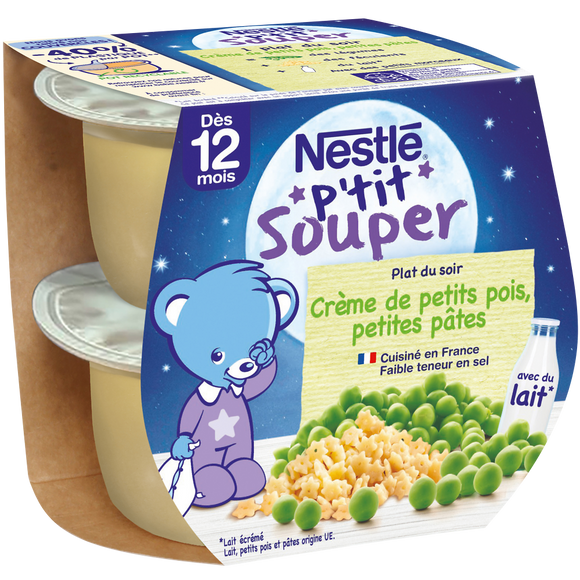 Repas du soir P'TIT SOUPER Petits pois et pâtes 12M+ NESTLE - 2x200g