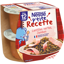 Plats complets P'TITE RECETTE Lentilles vertes jambon 12M+ NESTLE - 2x200g