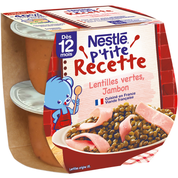 Plats complets P'TITE RECETTE Lentilles vertes jambon 12M+ NESTLE - 2x200g