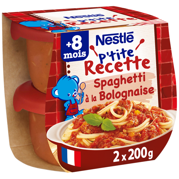 NESTLE P'TITE RECETTE - Plat bébé du midi Spaghetti bolognaise, dès 8mois - 2x200g - Repas bébé