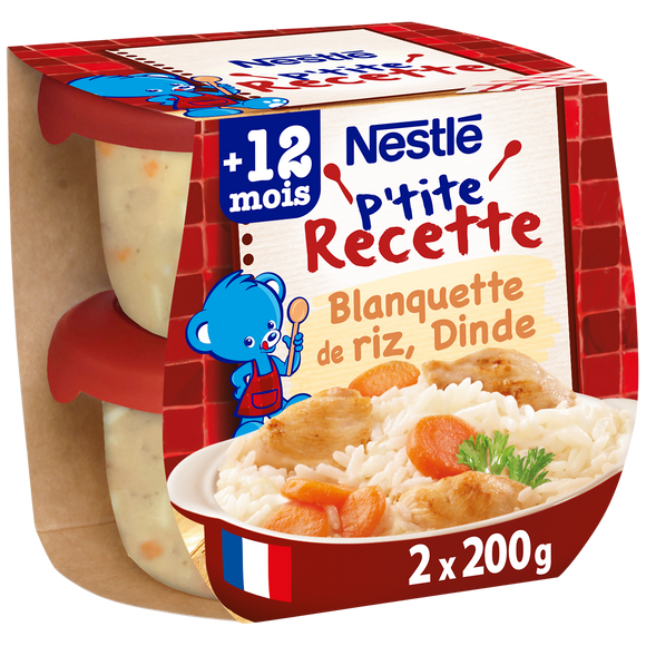 NESTLE P'TITE RECETTE - Plat bébé du midi Blanquette de riz, dinde, dès 12 mois - 2x200g - Repas bébé