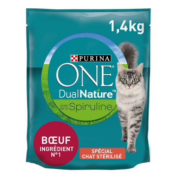 Croquettes pour chat stérilisé DUALNATURE Spiruline, Boeuf PURINA ONE- 1,4kg