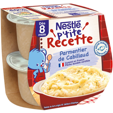 Plats complets P'TITE RECETTE Parmentier de cabillaud 8M+ NESTLE - 2x200g