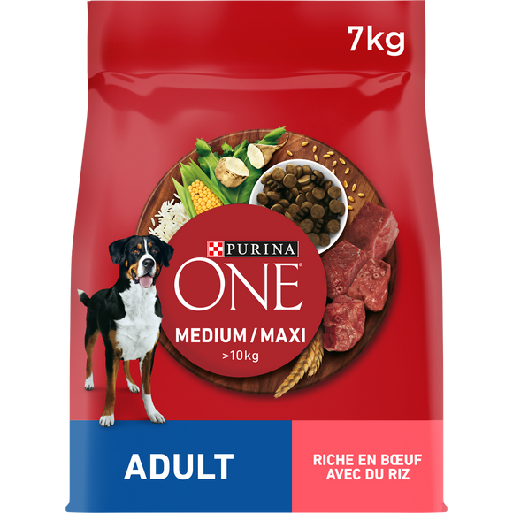 Croquettes médium/maxi pour chien adult supérieur à 10kg riche en boeuf avec du riz Purina ONE 7kg