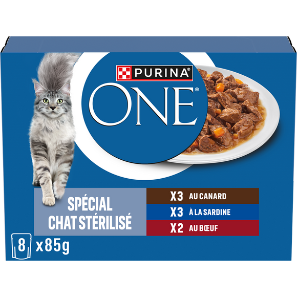Sachets fraîcheur chat stérilisé Sardine Canard Boeuf PURINA ONE - 8x85g