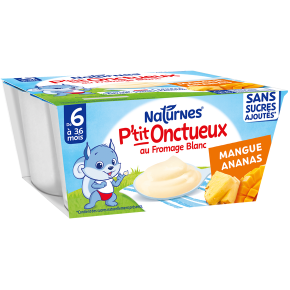 NESTLE P'TIT ONCTUEUX - Dessert lacté p'tit onctueux au fromage blancmangue ananas, de 6 à 12 mois - 4x90g