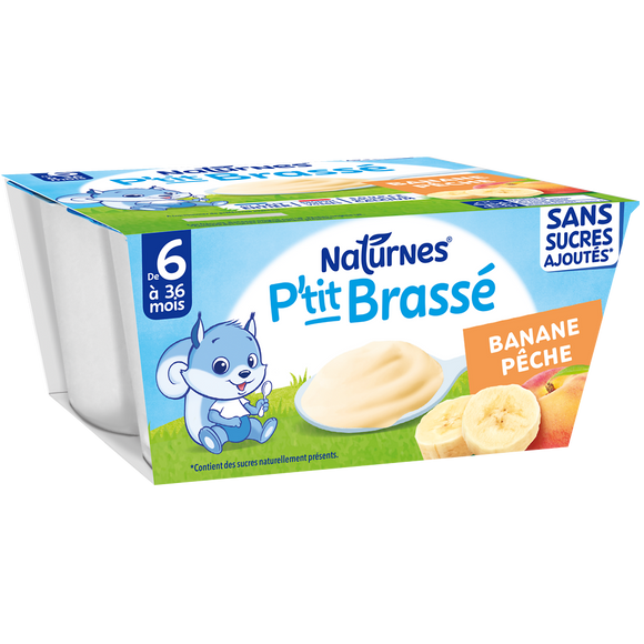 NESTLE P'TITS BRASSE - Desserts lactés P'tit Brasse banane pêche, de 6à 12 mois - 4x90g