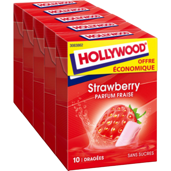 HOLLYWOOD fraise s/sucres, pack 5x10 dragées, 70g offre économique