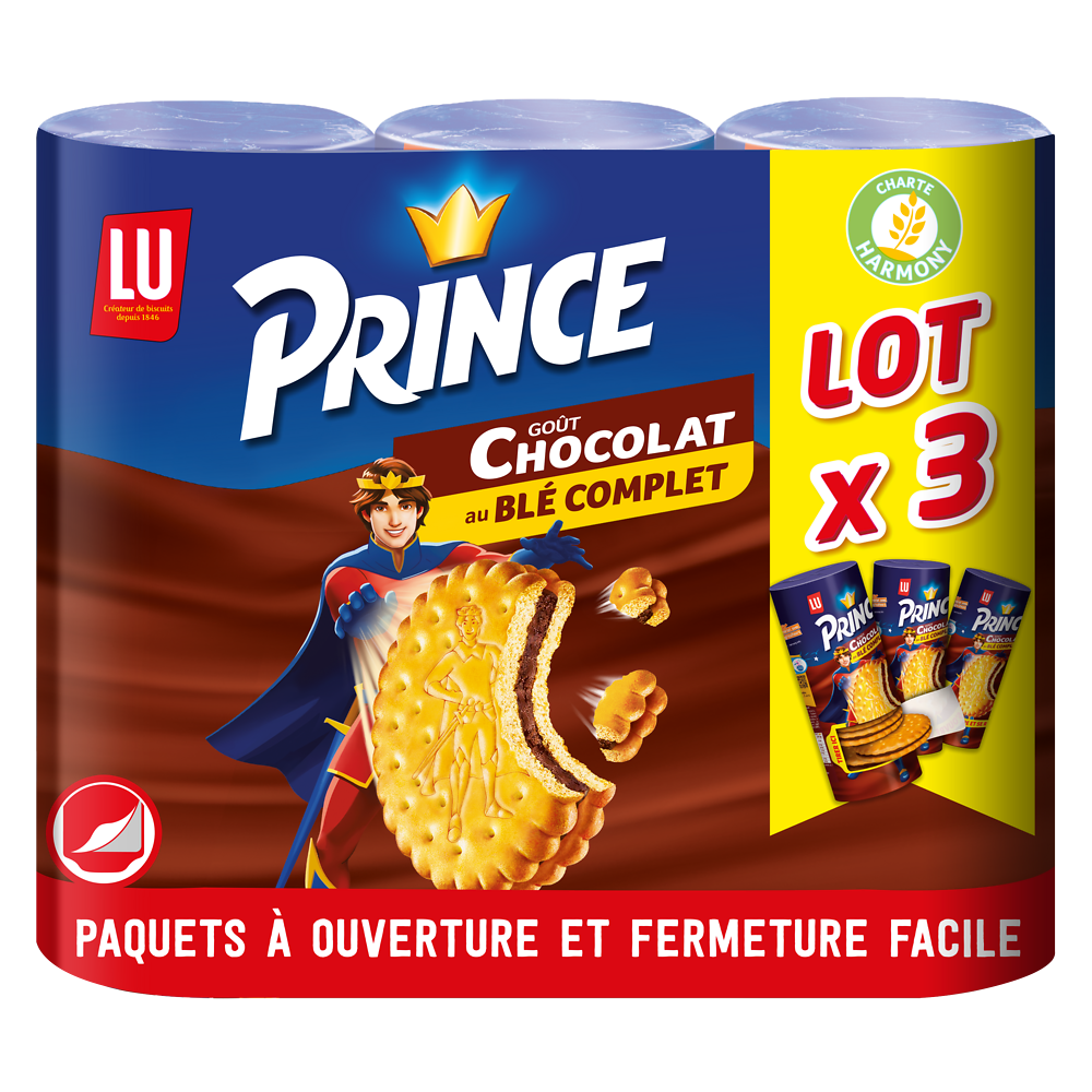 Biscuits fourrés au chocolat au blé complet PRINCE, 3 paquets de 300g