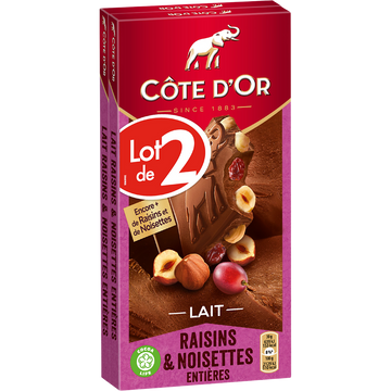 Chocolat au lait noisettes entières raisins CÔTE D'OR, 2 tablettes de180g