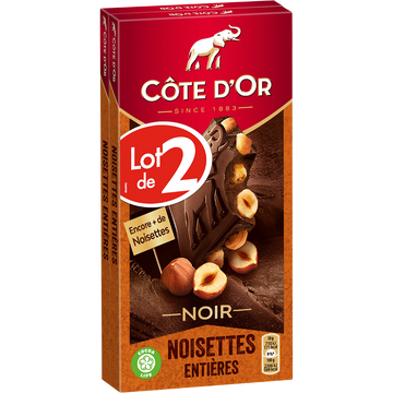 Chocolat noir noisettes entières CÔTE D'OR, 2 tablettes de 180g