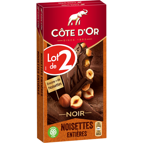 Chocolat noir noisettes entières CÔTE D'OR, 2 tablettes de 180g