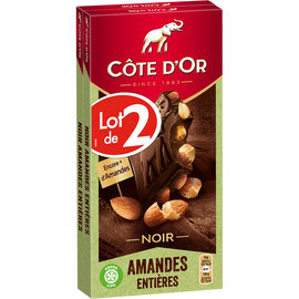 Chocolat noir amandes entières CÔTE D'OR, 2 tablettes de 180g