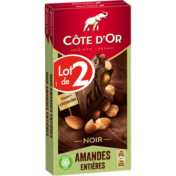 Chocolat noir amandes entières CÔTE D'OR, 2 tablettes de 180g