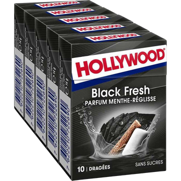 Chewing-gum HOLLYWOOD black fresh, sans sucres, 5x10 dragées, 70g