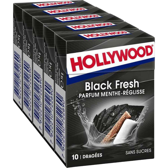 Chewing-gum HOLLYWOOD black fresh, sans sucres, 5x10 dragées, 70g