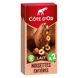 Chocolat au lait noisettes entières COTE D'OR - 2 tablettes de 180g