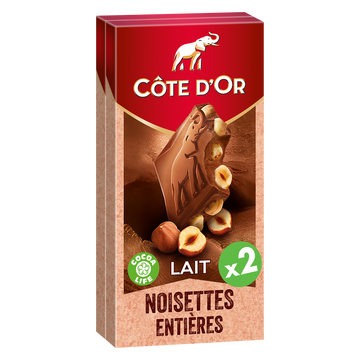 Chocolat au lait noisettes entières COTE D'OR - 2 tablettes de 180g