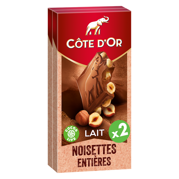 Chocolat au lait noisettes entières COTE D'OR - 2 tablettes de 180g