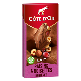 Chocolat au lait noisettes entières raisins COTE D'OR - Tablette de 180g