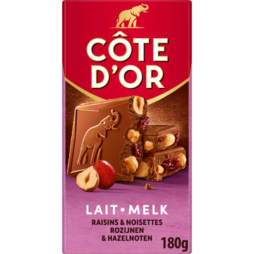 Chocolat au lait noisettes entières raisins COTE D'OR - Tablette de 180g