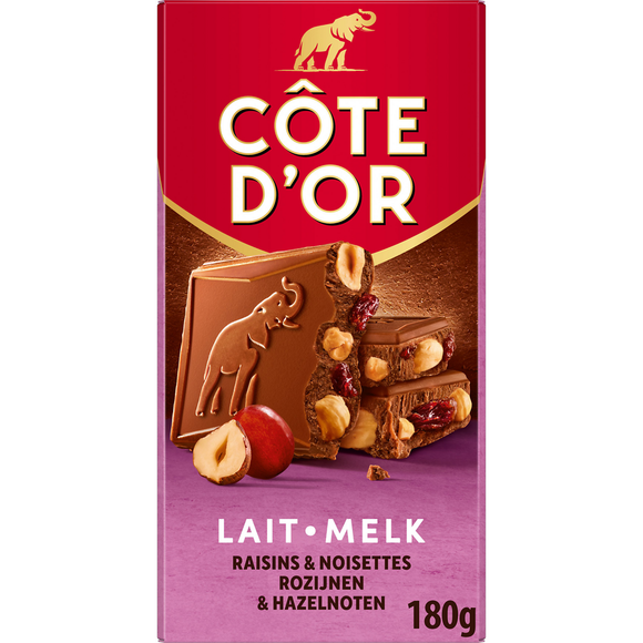 Chocolat au lait noisettes entières raisins COTE D'OR - Tablette de 180g
