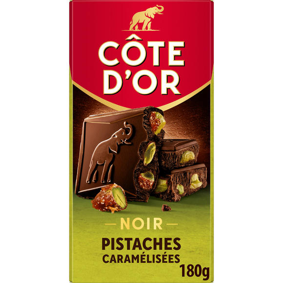 Chocolat noir bloc pistaches entières caramélisées COTE D'OR, tablette180g