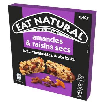 Barres de céréales amandes & raisins secs cacahuètes & abricots EAT NATURAL, 3x40g, 120g